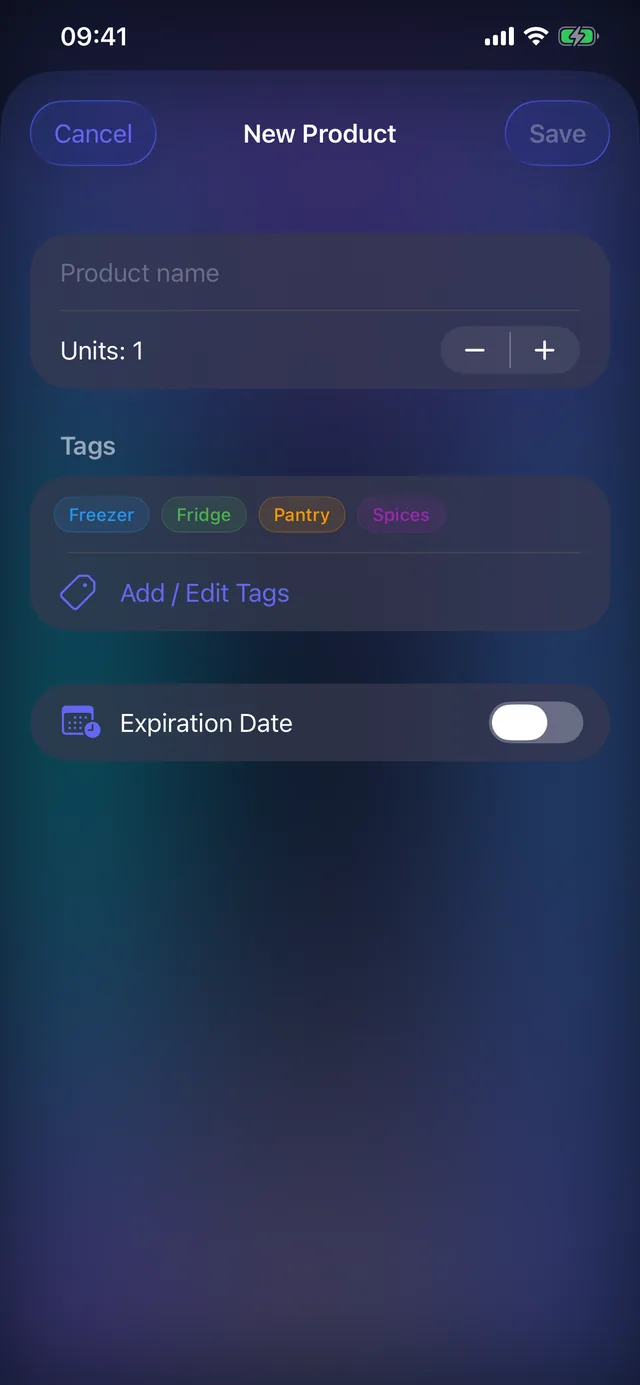 Adding a new pantry item with tags and an expiration date in Pantrackr