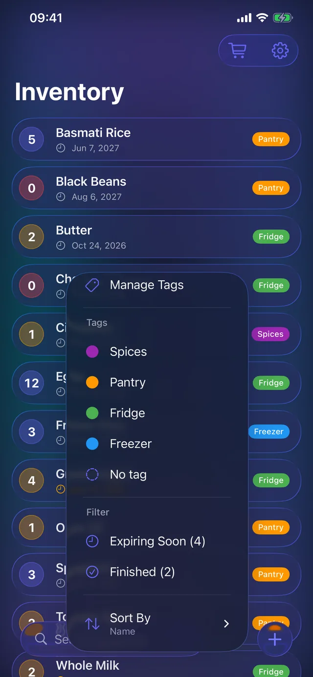Pantrackr filter and sort menu with tag, status, and sort options