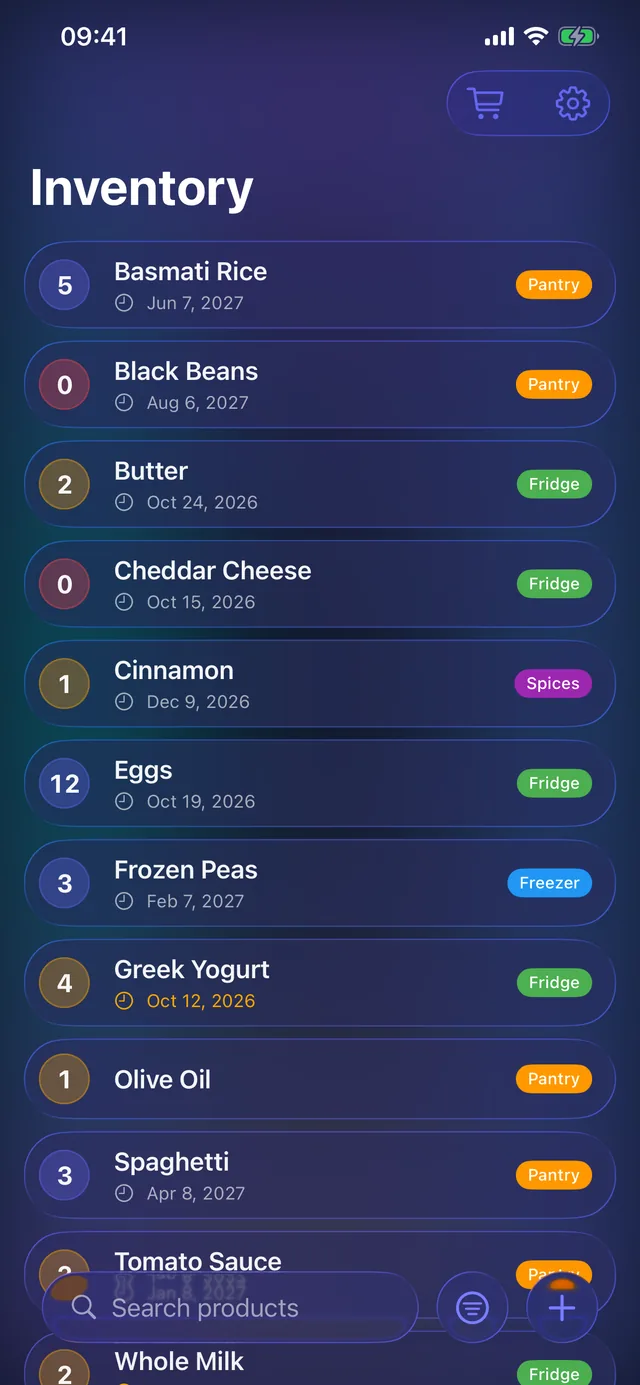 Pantrackr inventory list showing pantry items with quantities, tags, and expiration dates