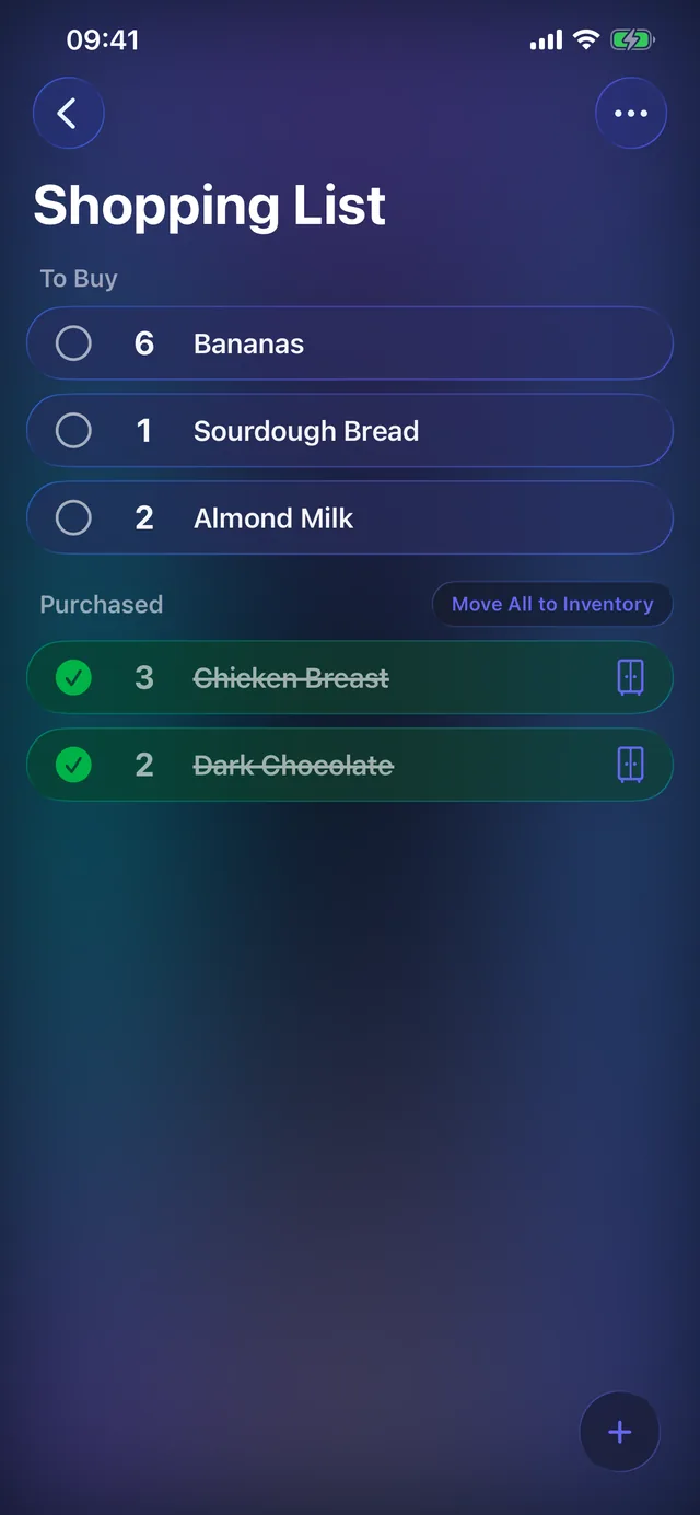 Pantrackr shopping list with items to buy and purchased items