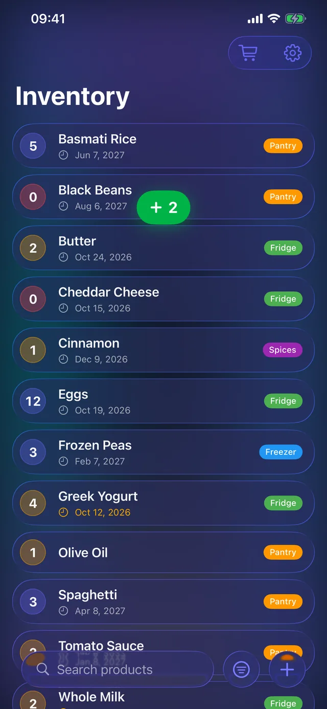Swiping an item in Pantrackr to increase its quantity
