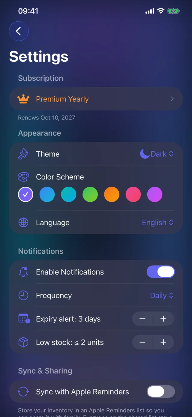 Pantrackr settings with dark mode, color schemes, and language options